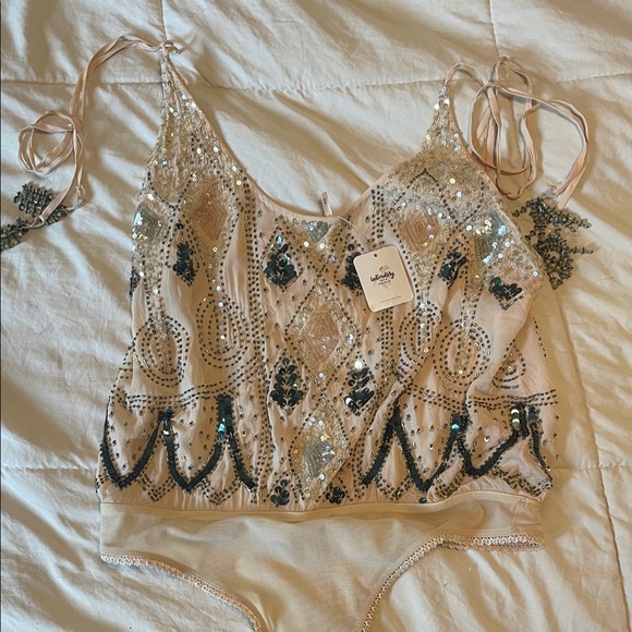 Free People Tops - Free People Intimately Embellished Nude Sequined Tie-Shoulder Bodysuit